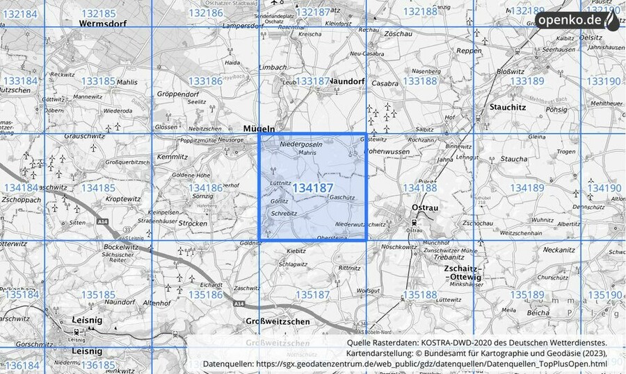 Übersichtskarte des KOSTRA-DWD-2020-Rasterfeldes Nr. 134187