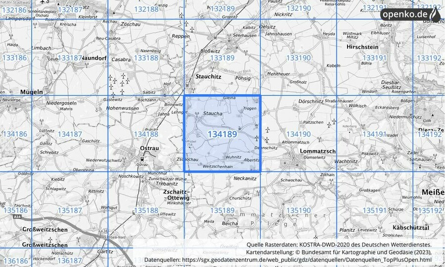 Übersichtskarte des KOSTRA-DWD-2020-Rasterfeldes Nr. 134189