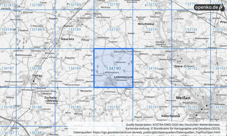 Übersichtskarte des KOSTRA-DWD-2020-Rasterfeldes Nr. 134190