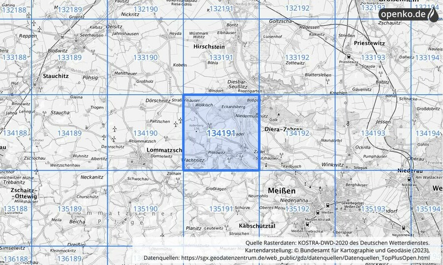 Übersichtskarte des KOSTRA-DWD-2020-Rasterfeldes Nr. 134191