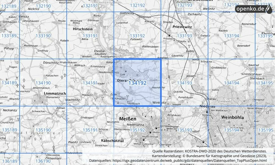 Übersichtskarte des KOSTRA-DWD-2020-Rasterfeldes Nr. 134192