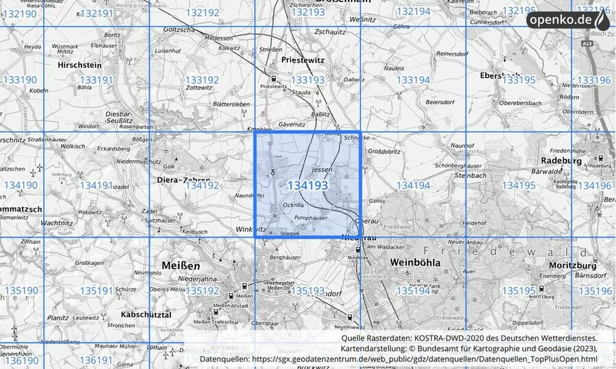 Übersichtskarte des KOSTRA-DWD-2020-Rasterfeldes Nr. 134193