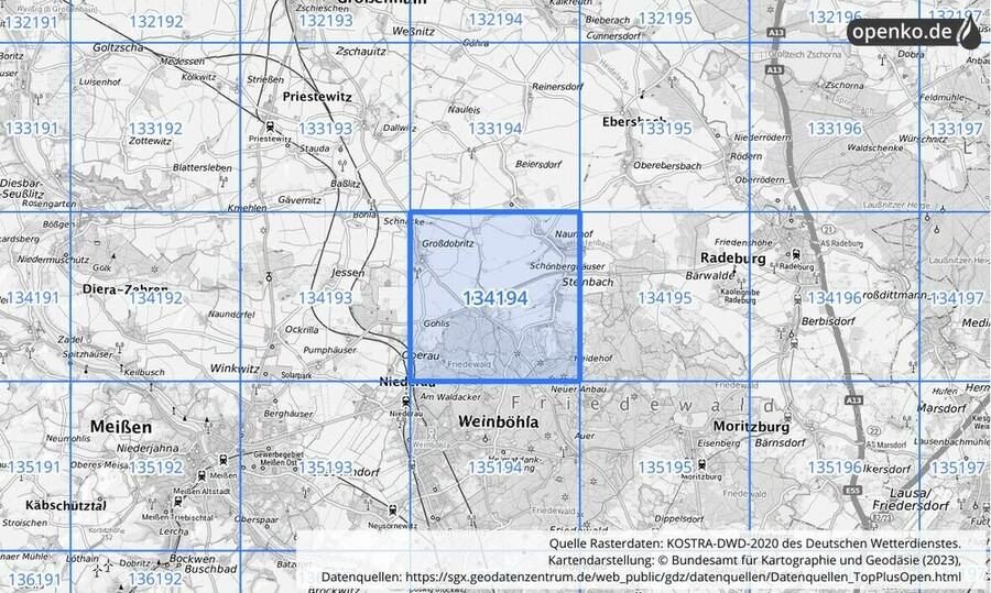 Übersichtskarte des KOSTRA-DWD-2020-Rasterfeldes Nr. 134194