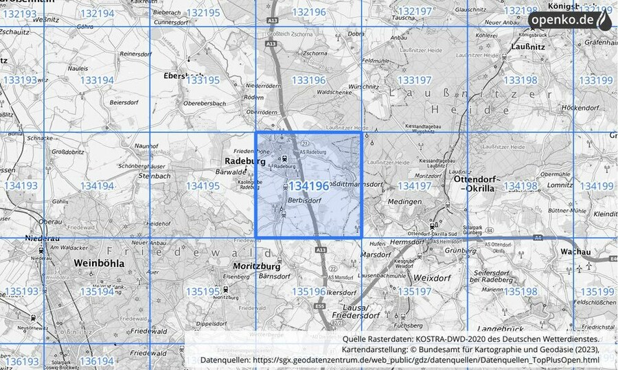 Übersichtskarte des KOSTRA-DWD-2020-Rasterfeldes Nr. 134196