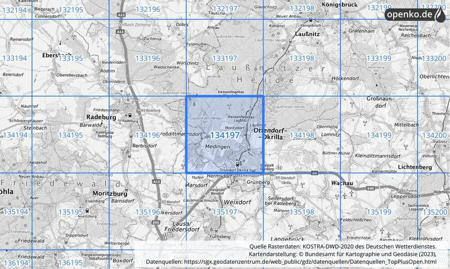 Übersichtskarte des KOSTRA-DWD-2020-Rasterfeldes Nr. 134197