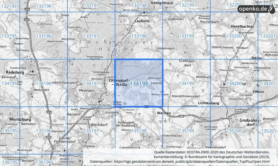 Übersichtskarte des KOSTRA-DWD-2020-Rasterfeldes Nr. 134198