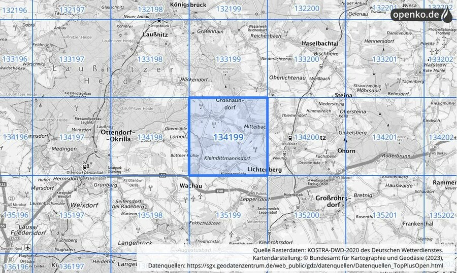 Übersichtskarte des KOSTRA-DWD-2020-Rasterfeldes Nr. 134199