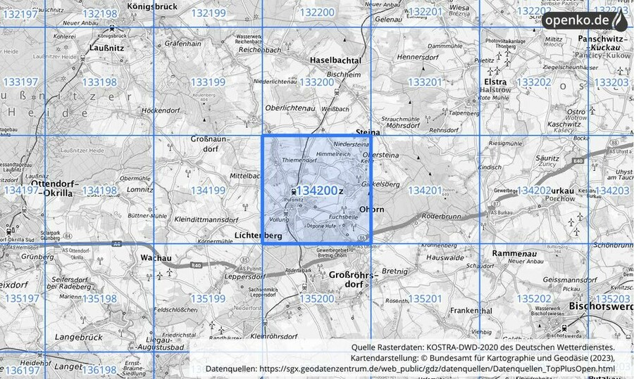 Übersichtskarte des KOSTRA-DWD-2020-Rasterfeldes Nr. 134200