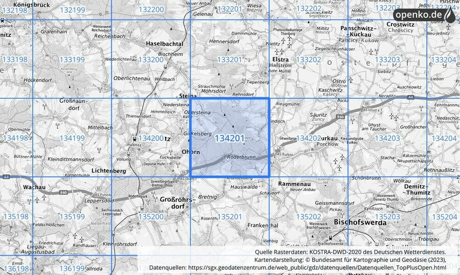 Übersichtskarte des KOSTRA-DWD-2020-Rasterfeldes Nr. 134201