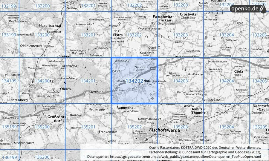 Übersichtskarte des KOSTRA-DWD-2020-Rasterfeldes Nr. 134202