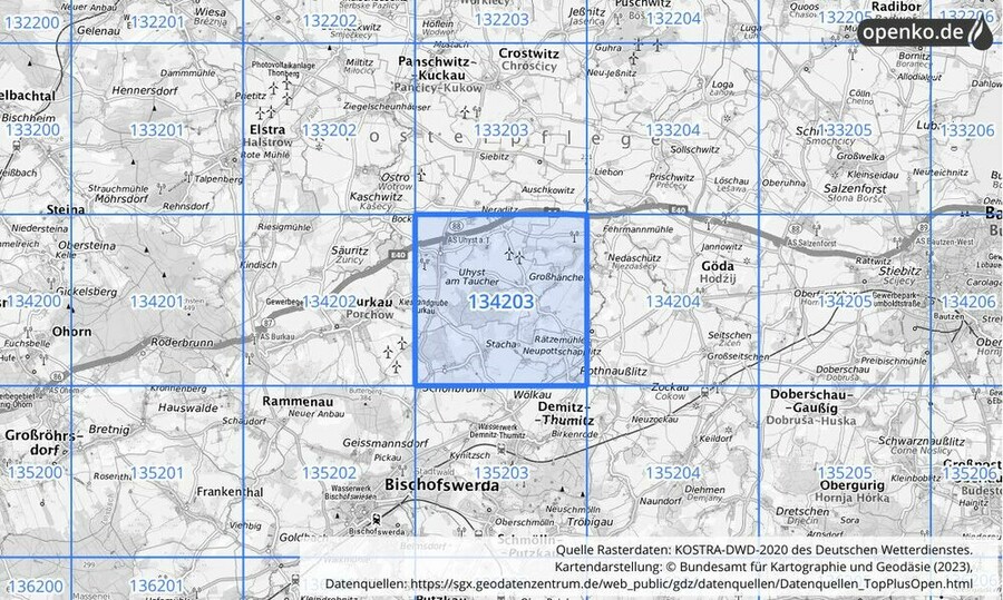 Übersichtskarte des KOSTRA-DWD-2020-Rasterfeldes Nr. 134203