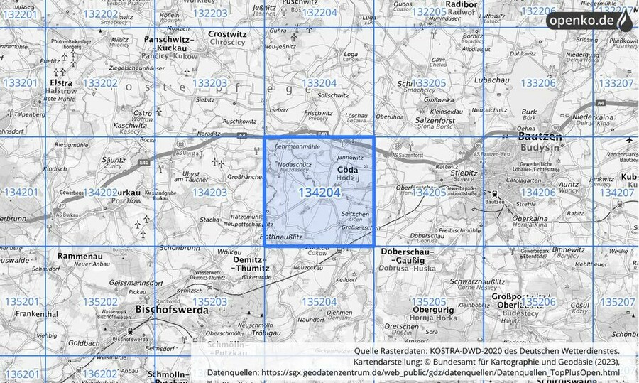 Übersichtskarte des KOSTRA-DWD-2020-Rasterfeldes Nr. 134204