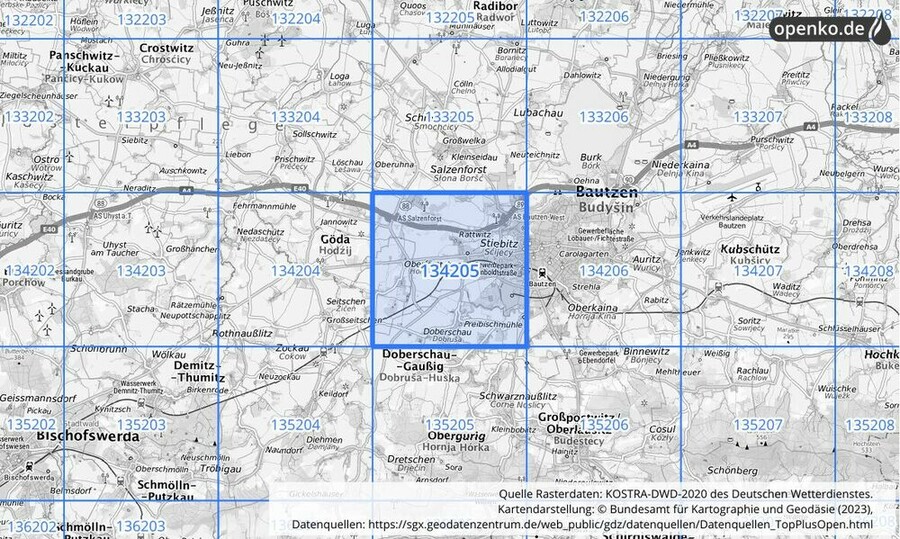 Übersichtskarte des KOSTRA-DWD-2020-Rasterfeldes Nr. 134205