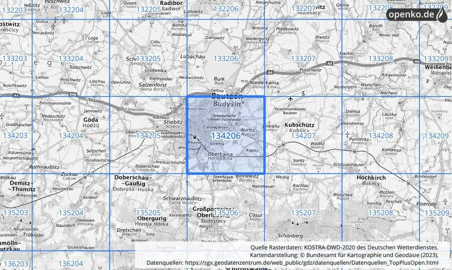 Übersichtskarte des KOSTRA-DWD-2020-Rasterfeldes Nr. 134206