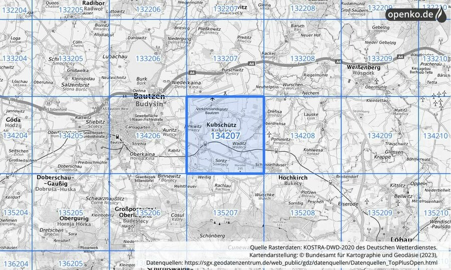 Übersichtskarte des KOSTRA-DWD-2020-Rasterfeldes Nr. 134207
