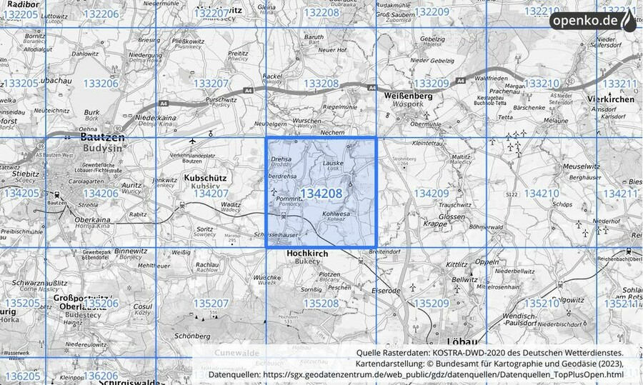 Übersichtskarte des KOSTRA-DWD-2020-Rasterfeldes Nr. 134208