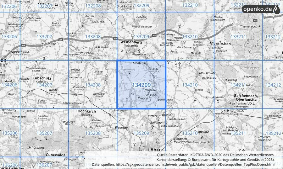 Übersichtskarte des KOSTRA-DWD-2020-Rasterfeldes Nr. 134209