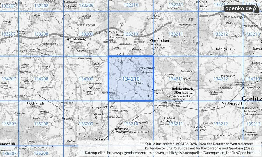 Übersichtskarte des KOSTRA-DWD-2020-Rasterfeldes Nr. 134210