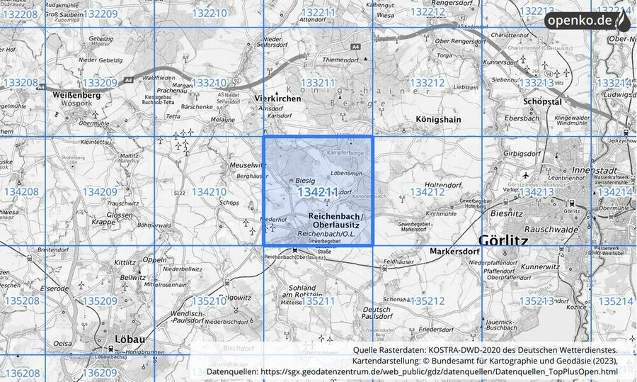 Übersichtskarte des KOSTRA-DWD-2020-Rasterfeldes Nr. 134211