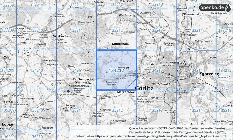 Übersichtskarte des KOSTRA-DWD-2020-Rasterfeldes Nr. 134212