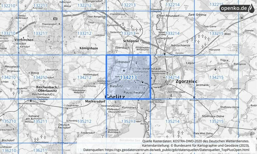 Übersichtskarte des KOSTRA-DWD-2020-Rasterfeldes Nr. 134213