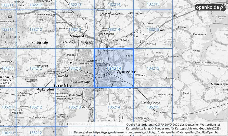 Übersichtskarte des KOSTRA-DWD-2020-Rasterfeldes Nr. 134214