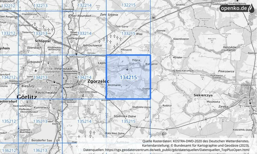 Übersichtskarte des KOSTRA-DWD-2020-Rasterfeldes Nr. 134215