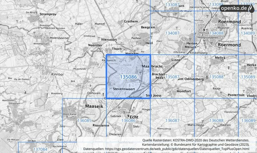 Übersichtskarte des KOSTRA-DWD-2020-Rasterfeldes Nr. 135086