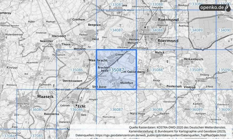 Übersichtskarte des KOSTRA-DWD-2020-Rasterfeldes Nr. 135087