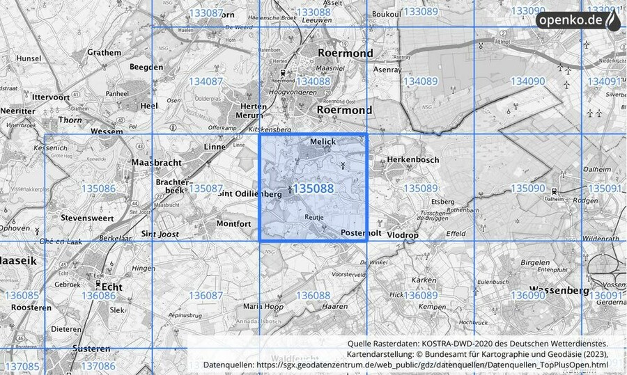 Übersichtskarte des KOSTRA-DWD-2020-Rasterfeldes Nr. 135088