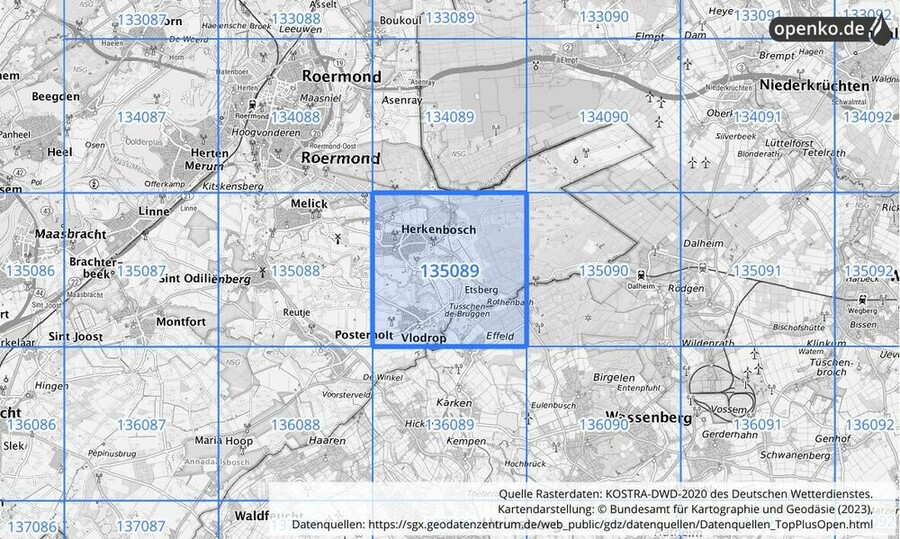 Übersichtskarte des KOSTRA-DWD-2020-Rasterfeldes Nr. 135089