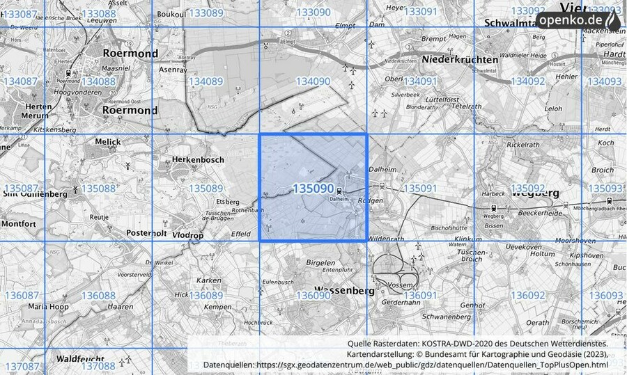 Übersichtskarte des KOSTRA-DWD-2020-Rasterfeldes Nr. 135090