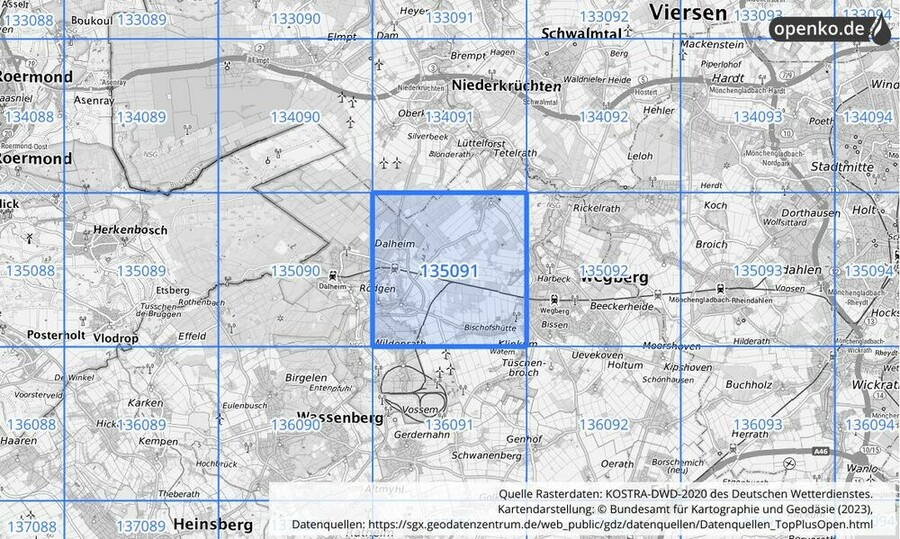 Übersichtskarte des KOSTRA-DWD-2020-Rasterfeldes Nr. 135091