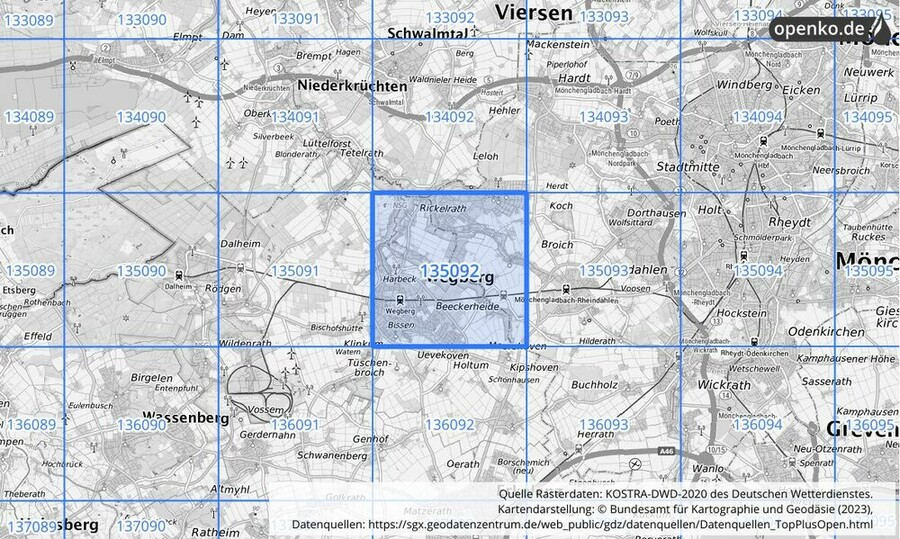 Übersichtskarte des KOSTRA-DWD-2020-Rasterfeldes Nr. 135092