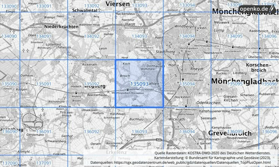 Übersichtskarte des KOSTRA-DWD-2020-Rasterfeldes Nr. 135093