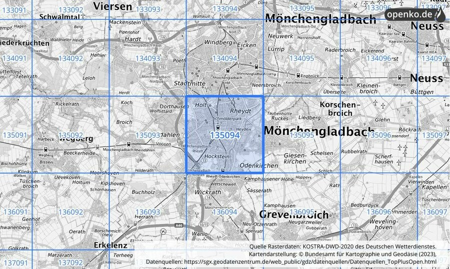 Übersichtskarte des KOSTRA-DWD-2020-Rasterfeldes Nr. 135094