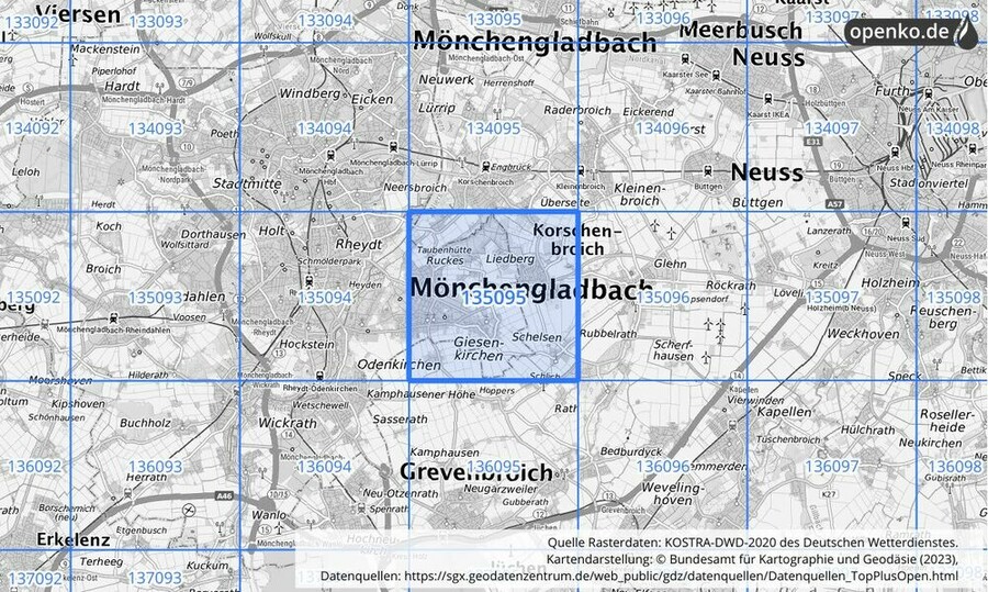 Übersichtskarte des KOSTRA-DWD-2020-Rasterfeldes Nr. 135095