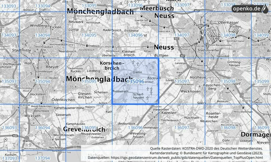 Übersichtskarte des KOSTRA-DWD-2020-Rasterfeldes Nr. 135096