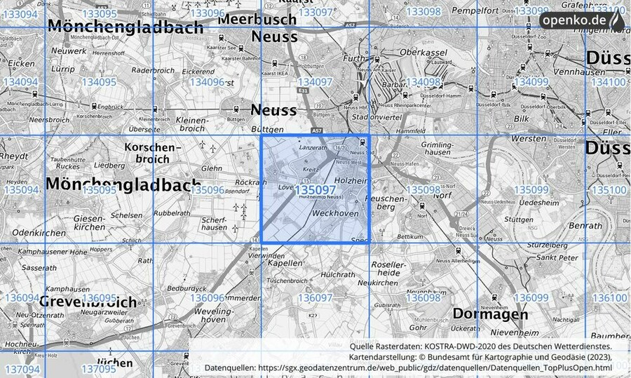 Übersichtskarte des KOSTRA-DWD-2020-Rasterfeldes Nr. 135097