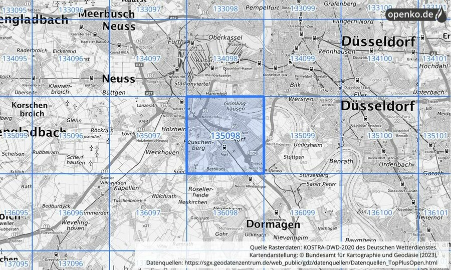 Übersichtskarte des KOSTRA-DWD-2020-Rasterfeldes Nr. 135098