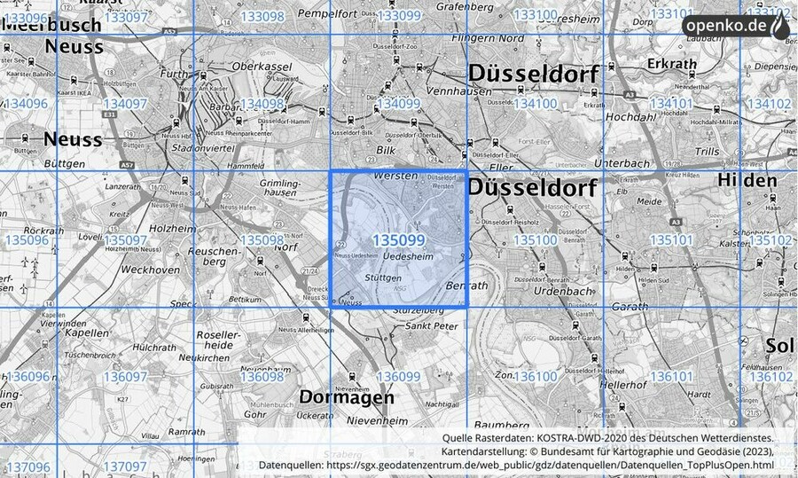 Übersichtskarte des KOSTRA-DWD-2020-Rasterfeldes Nr. 135099