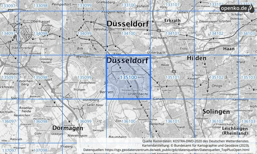 Übersichtskarte des KOSTRA-DWD-2020-Rasterfeldes Nr. 135100