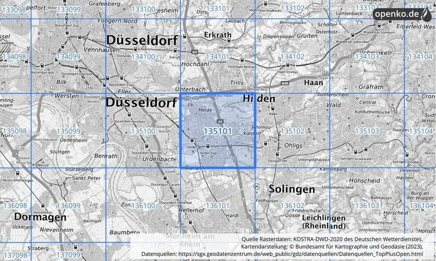 Übersichtskarte des KOSTRA-DWD-2020-Rasterfeldes Nr. 135101