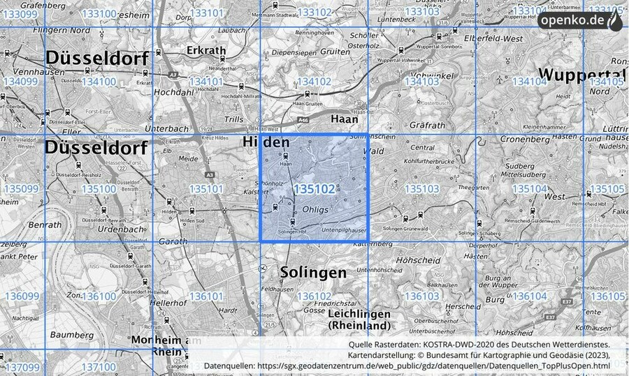 Übersichtskarte des KOSTRA-DWD-2020-Rasterfeldes Nr. 135102