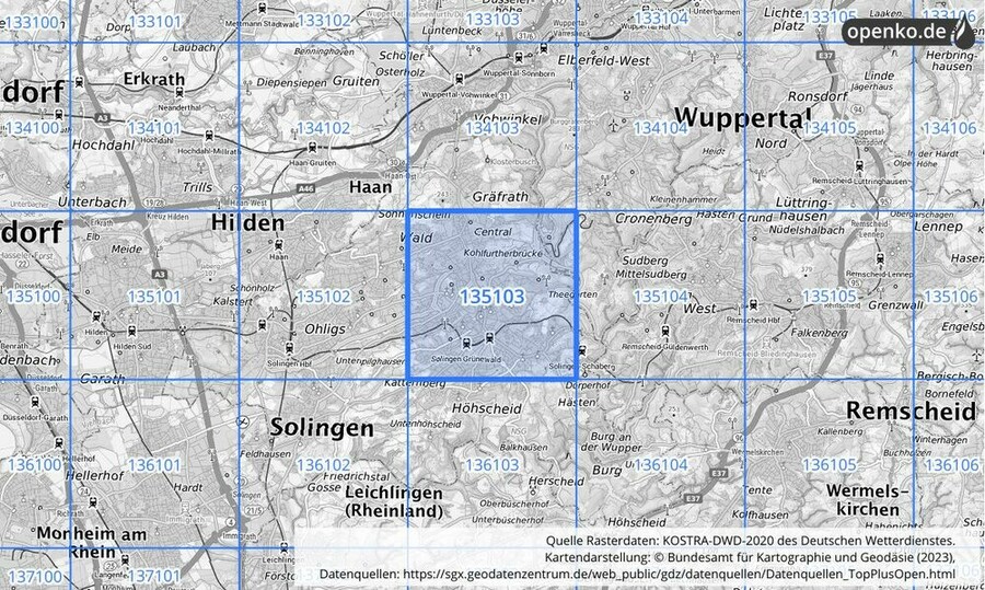 Übersichtskarte des KOSTRA-DWD-2020-Rasterfeldes Nr. 135103