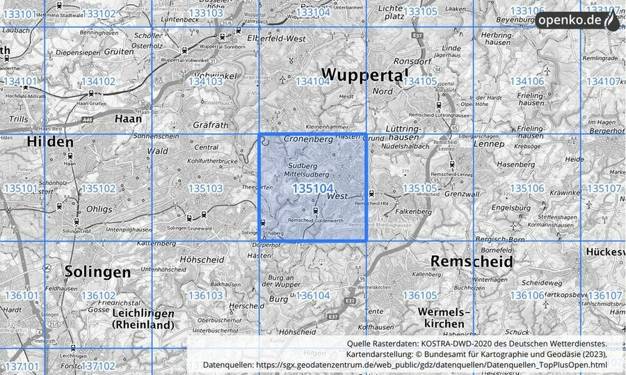 Übersichtskarte des KOSTRA-DWD-2020-Rasterfeldes Nr. 135104