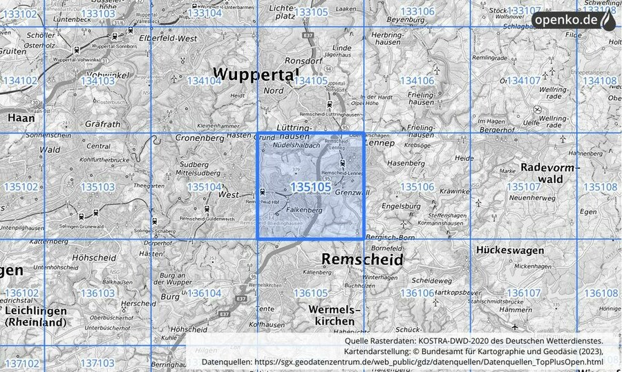 Übersichtskarte des KOSTRA-DWD-2020-Rasterfeldes Nr. 135105