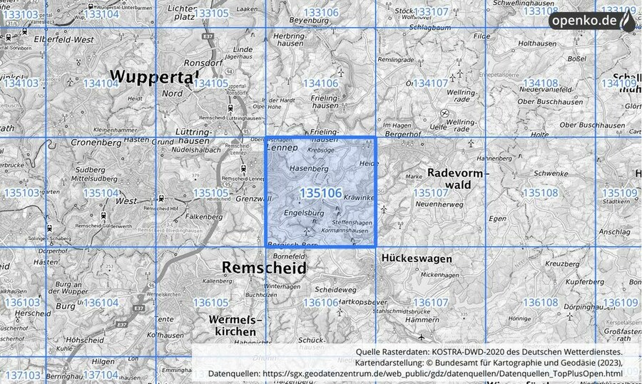 Übersichtskarte des KOSTRA-DWD-2020-Rasterfeldes Nr. 135106