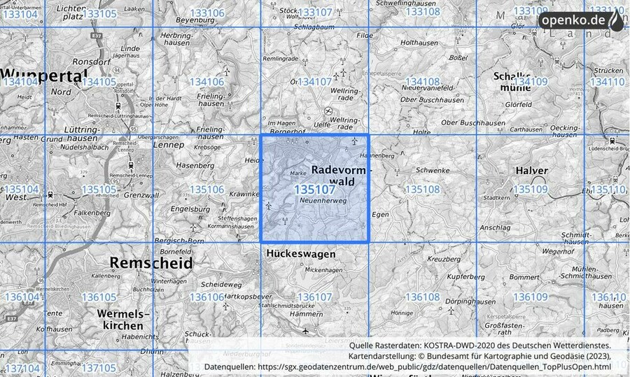 Übersichtskarte des KOSTRA-DWD-2020-Rasterfeldes Nr. 135107