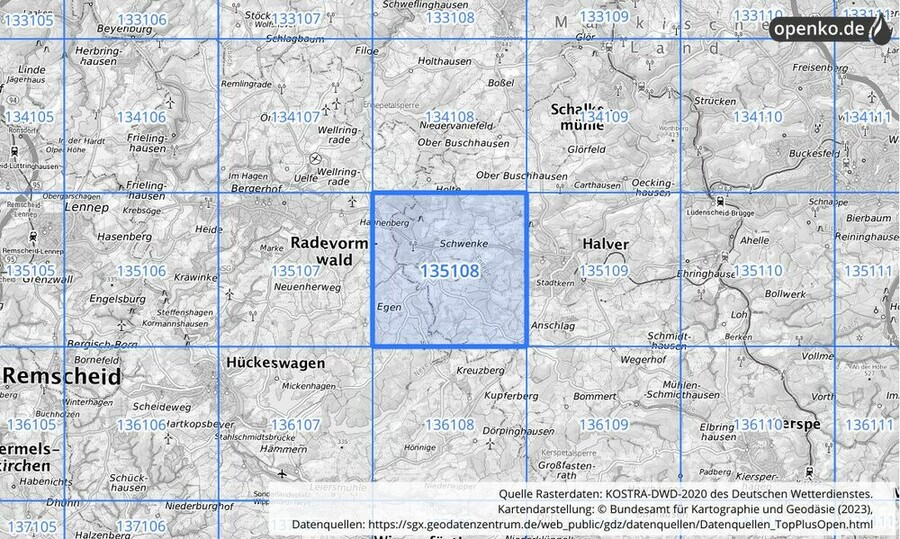 Übersichtskarte des KOSTRA-DWD-2020-Rasterfeldes Nr. 135108